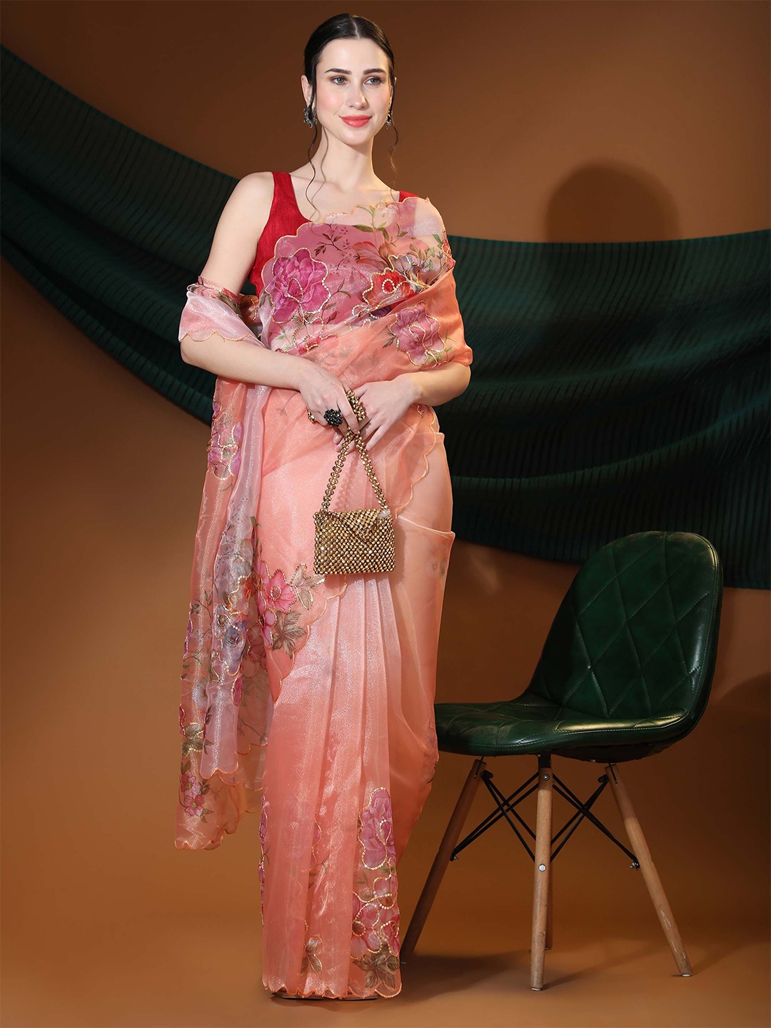 

VAMSEE Floral Embroidered Organza Saree, Peach