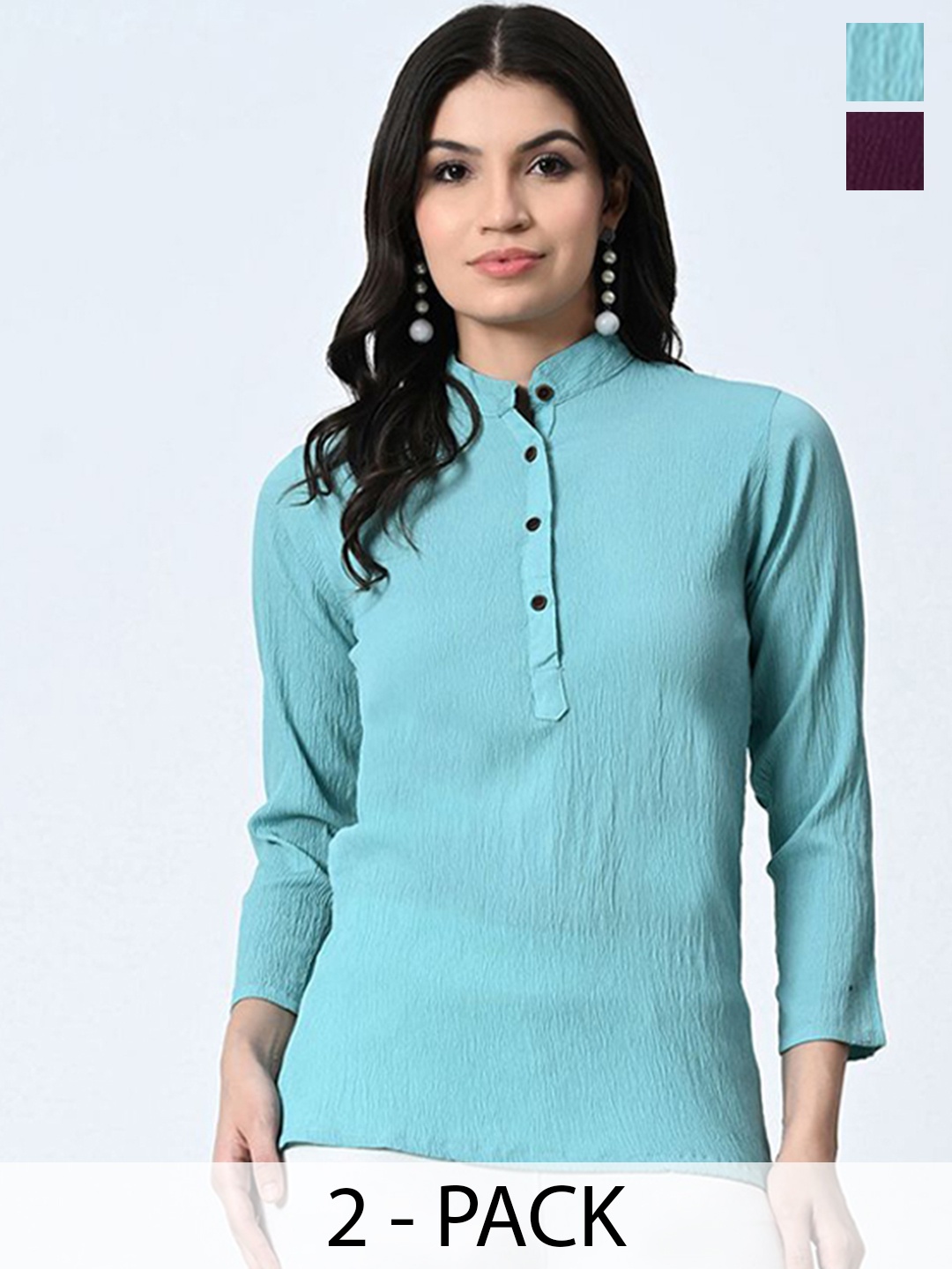 

BAESD Pack Of 3 Self Design Mandarin Collar Crepe Tops, Blue