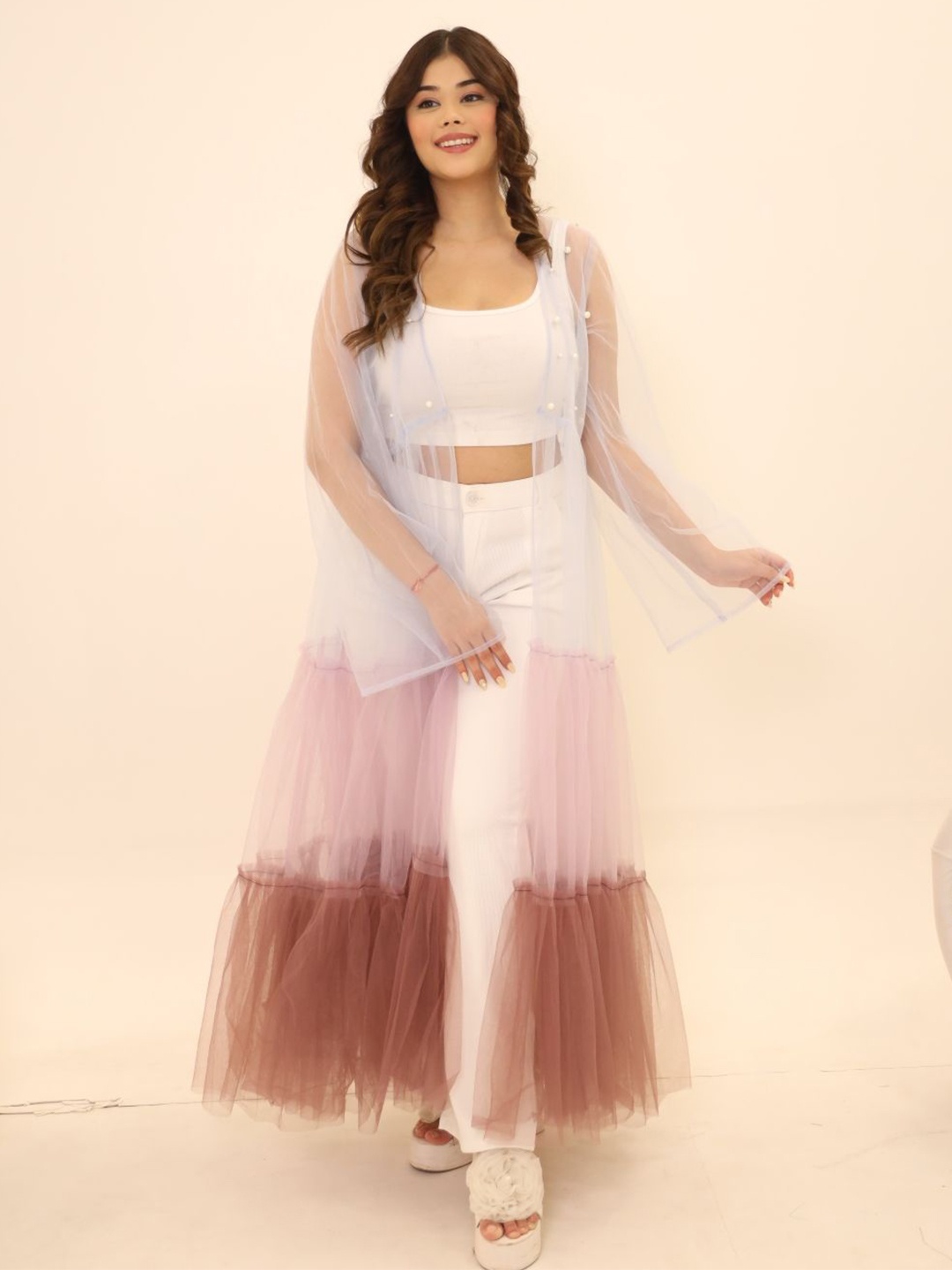 

Swadeshi Shringaar Colourblocked Longline Open Front Shrug, Pink