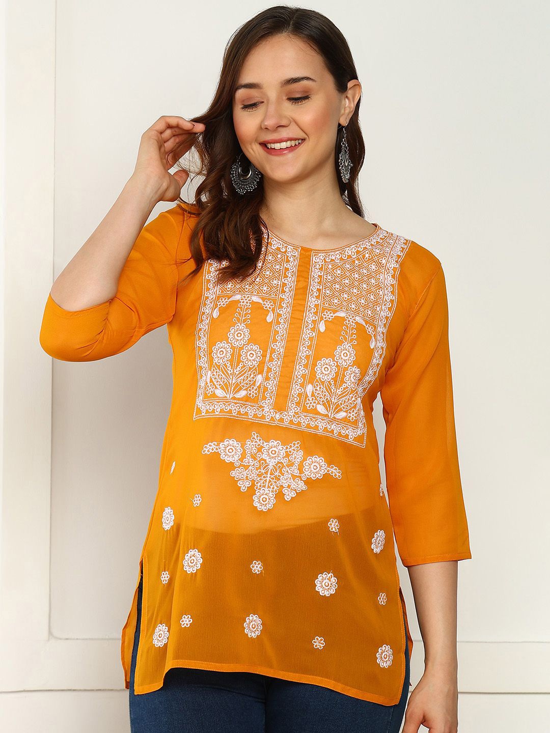 

TOP N THREAD Women Ethnic Motifs Embroidered Chikankari Kurti, Mustard