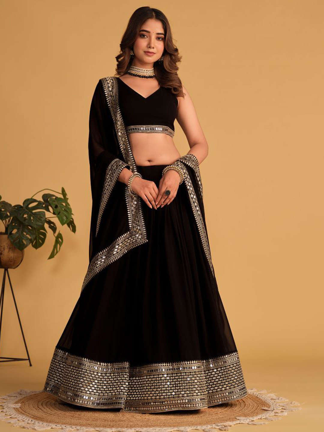 

Ethnic Yard Embroidered Semi-Stitched Gotta Patti Lehenga & Blouse With Dupatta, Black