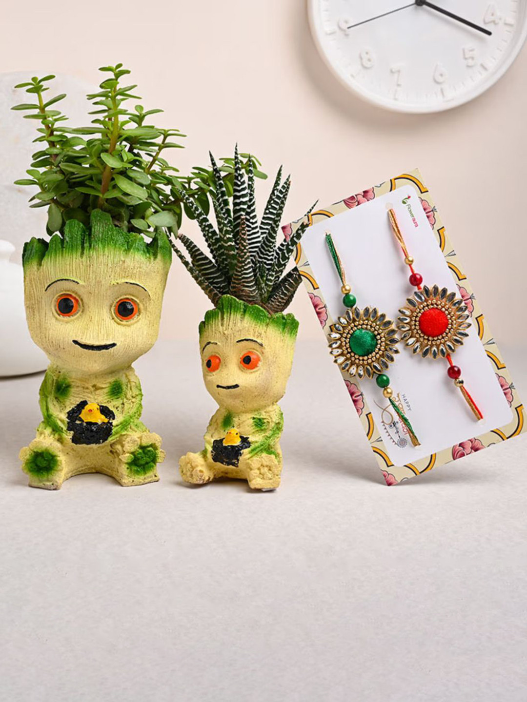 

Floweraura Set Of 2Rakhi With Jade Plant & Haworthia Plants In Groot Pot, Multi