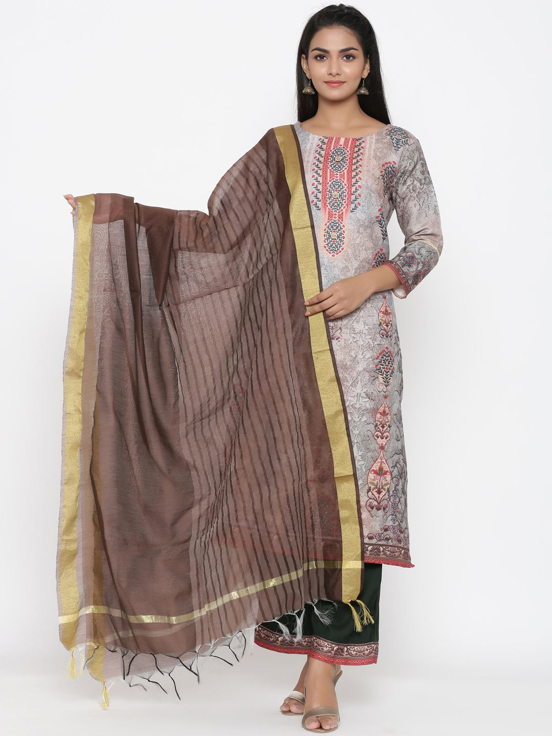 

Anouk Yoke Design Floral Printed Regular Pure Silk Straight Kurta with Palazzos & Dupatta, Grey
