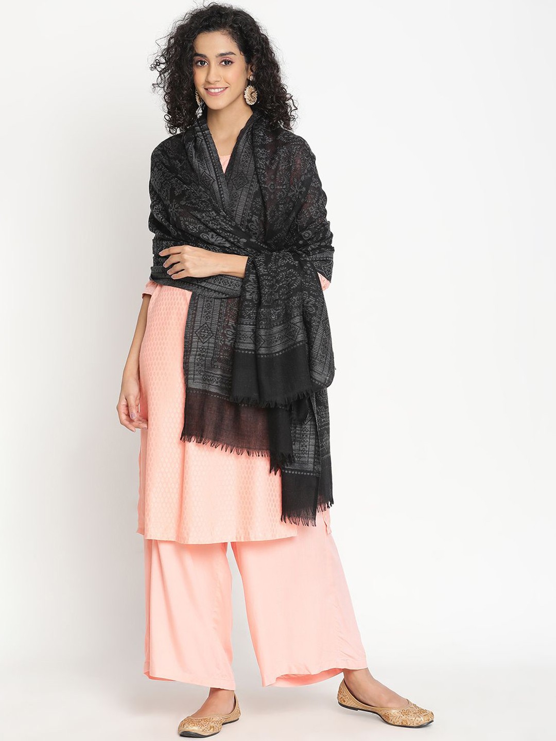 

SHINGORA Women Ethnic Motifs Woven Woollen Design Shawl, Black