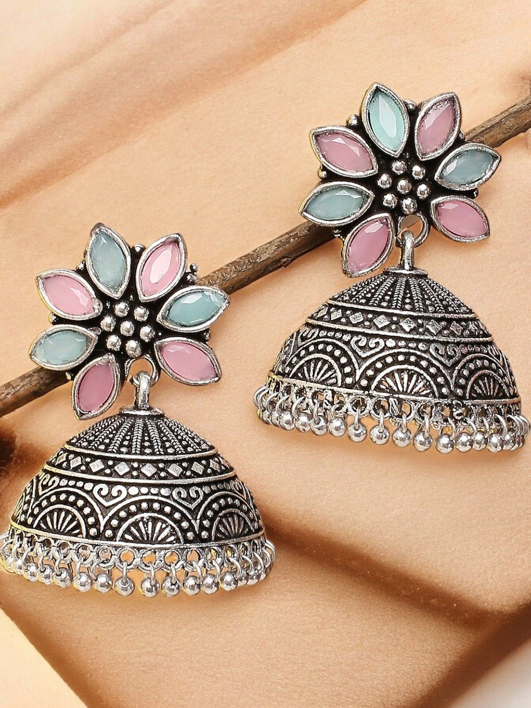 

Sangria Stones Studded & Beaded Dome Shaped Oxidized Jhumkas, Silver