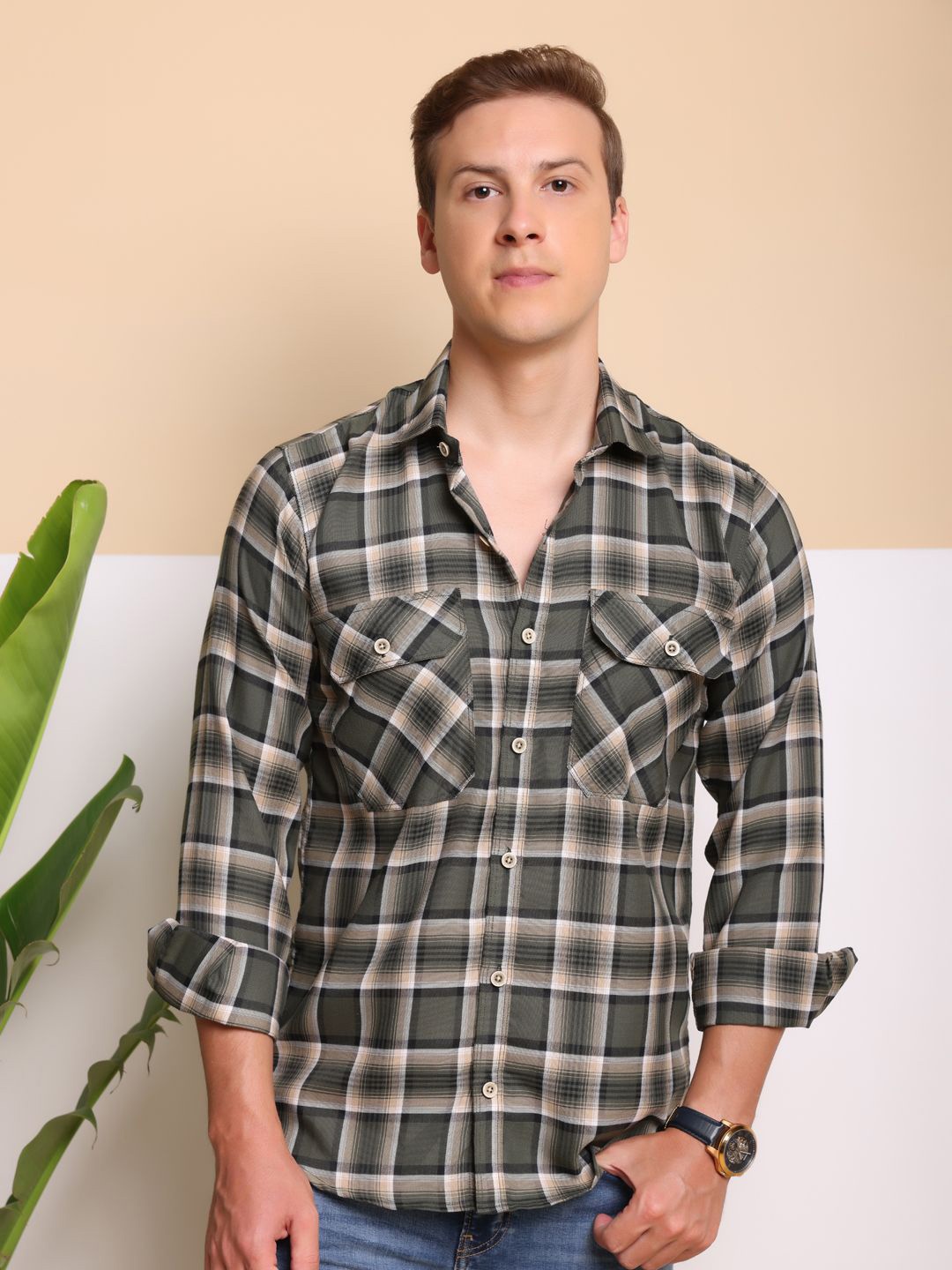 

FILO HEVIS Spread Collar Double Pocket Cotton Check Shirt, Green