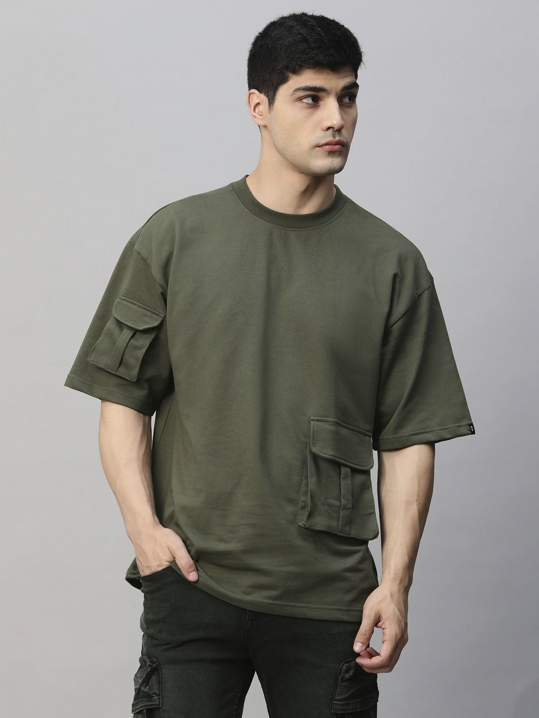 

PRONK Men Solid Round Neck Cotton Oversized T-Shirt, Green