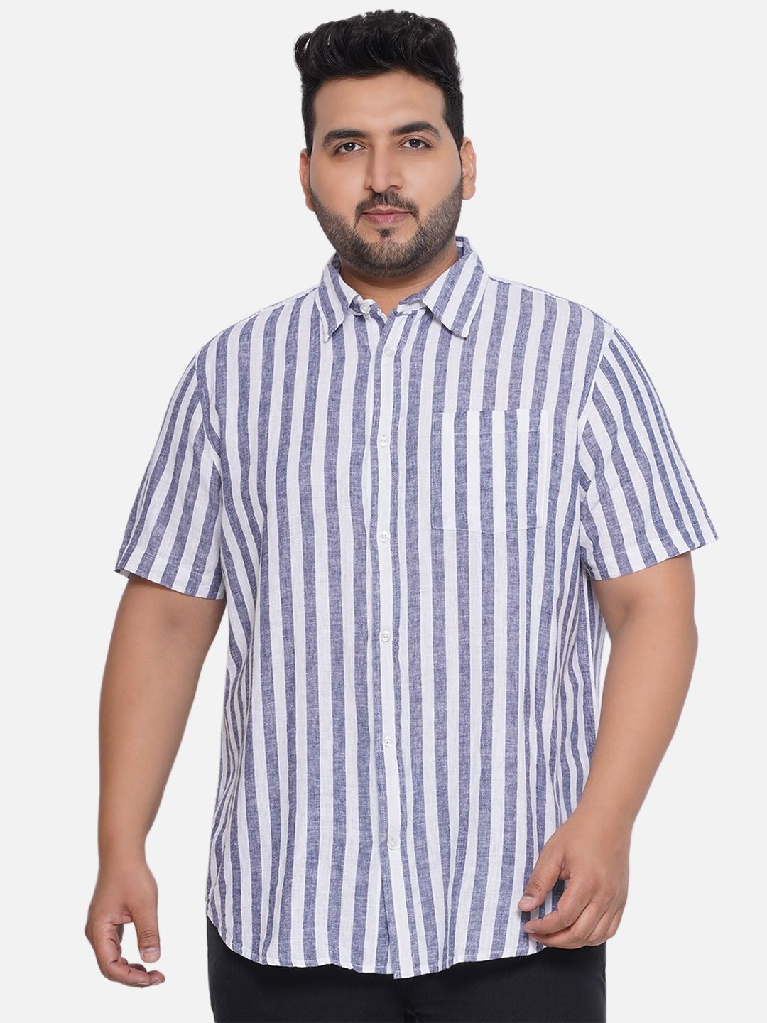 

Santonio Men Classic Spread Collar Striped Cotton Plus Size Casual Shirt, Blue