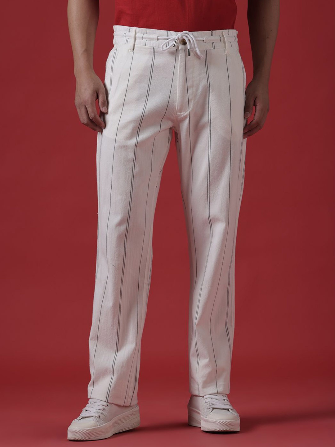 

WROGN Men Striped Straight Fit Pleated Trousers, White