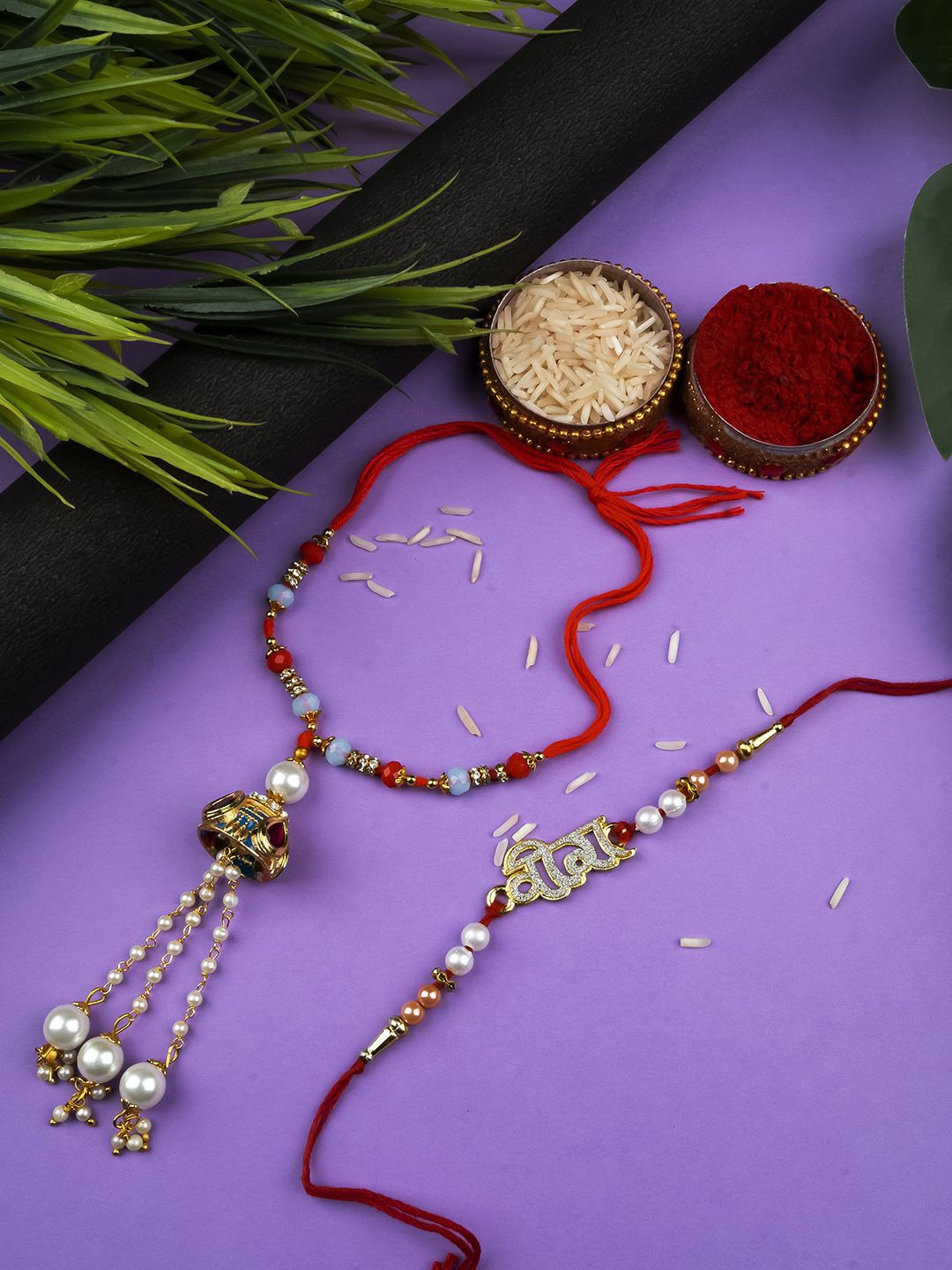 

StileAdda Stones Studded & Beaded Bhai Bhabhi Thread Rakhi, Gold