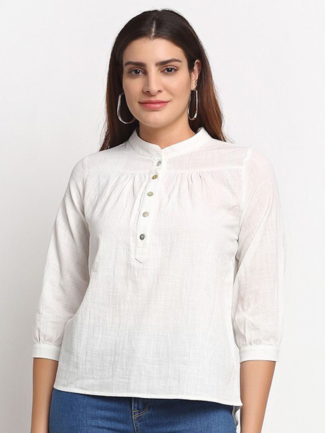 

Global Republic Women Solid Mandarin Collar Cotton Top, White