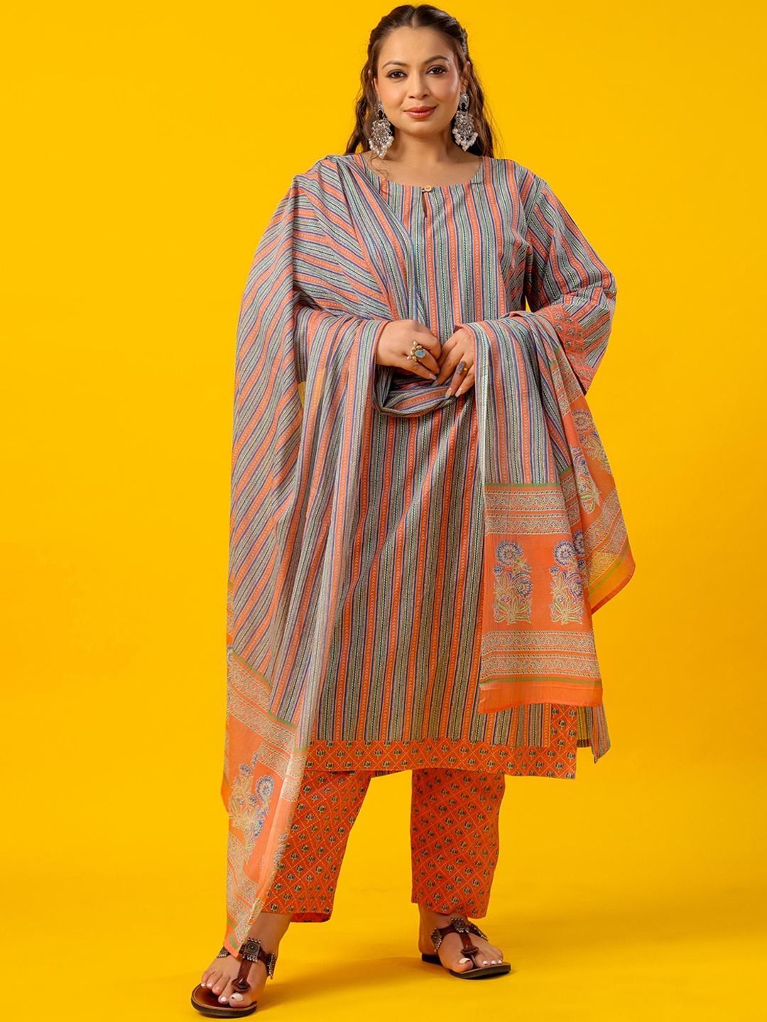

LALI JAIPUR Plus Size Striped Pure Cotton Straight Kurta with Trousers & Dupatta, Orange