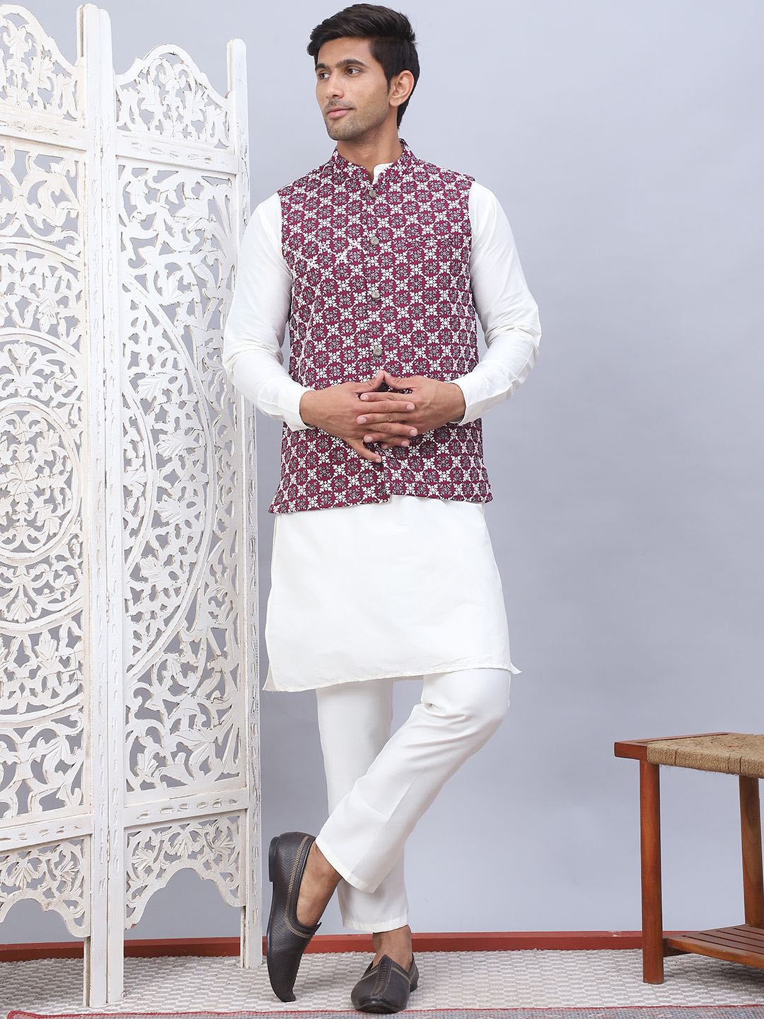 

Jompers Mandarin Collar Silk Cotton Straight Kurta with Churidar & Nehru jacket, White