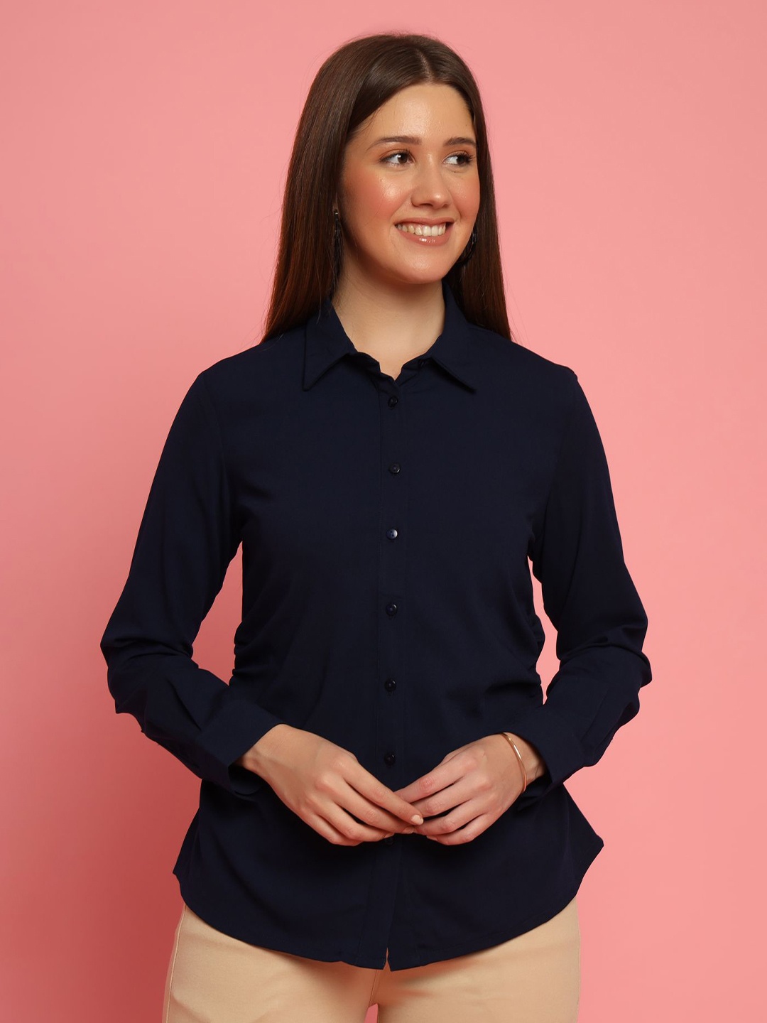 

KIZI Women Spread Collar Solid Casual Shirt, Navy blue