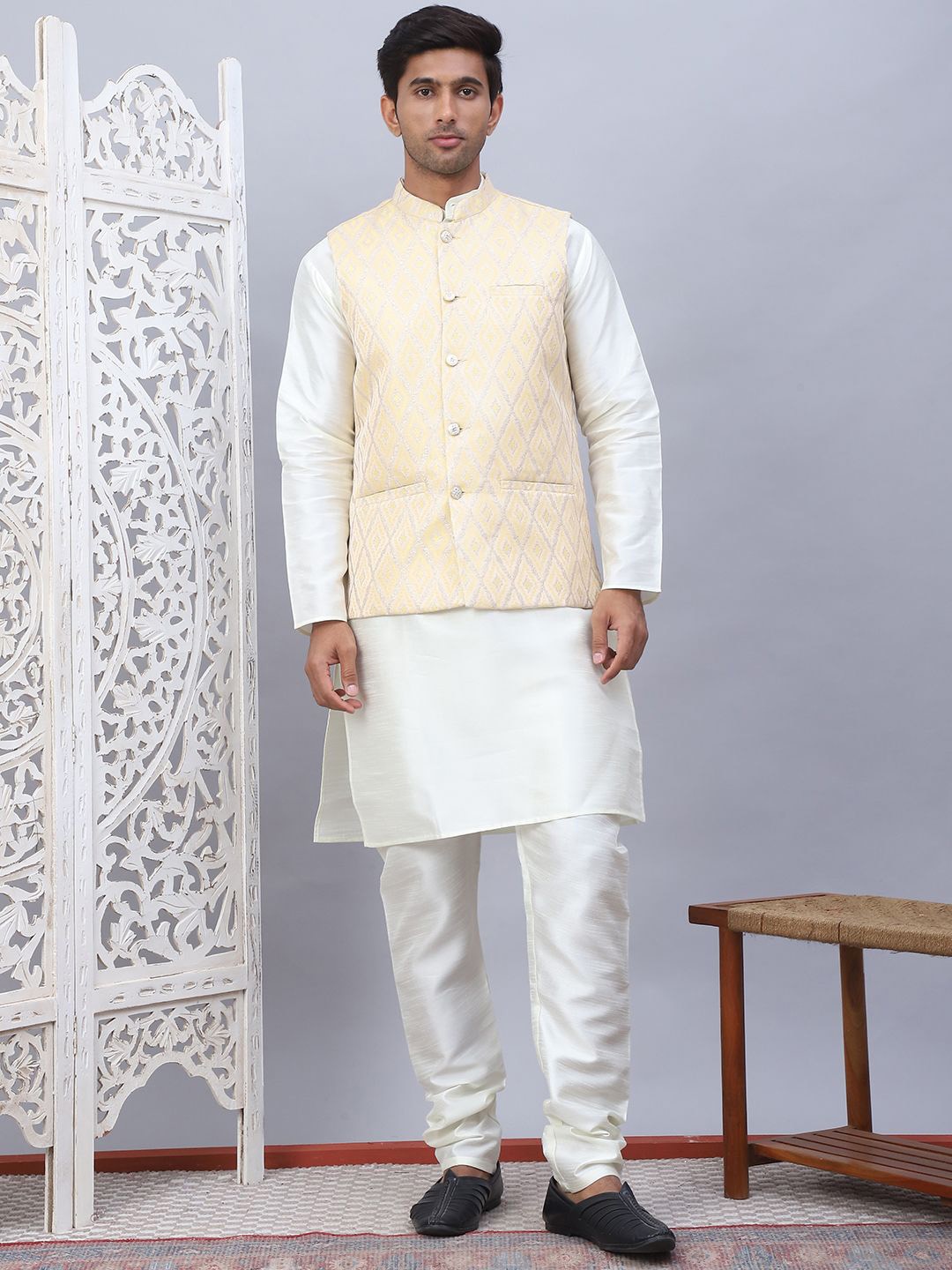 

Jompers Mandarin Collar Brocade Weave Silk Cotton Kurta with Churidar & Nehru Jacket, White