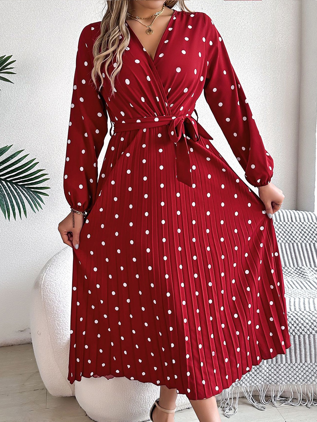 

StyleCast x Revolte Polka Dot Puff Sleeve Midi Wrap Dress, Red