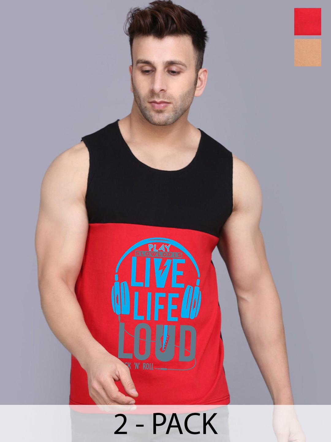 

SLOWLORIS Pack Of 2 Rich Sleeveless Innerwear Vests SL26 COMBO (LOUD BLKRED) (FRD BLKRST), Black
