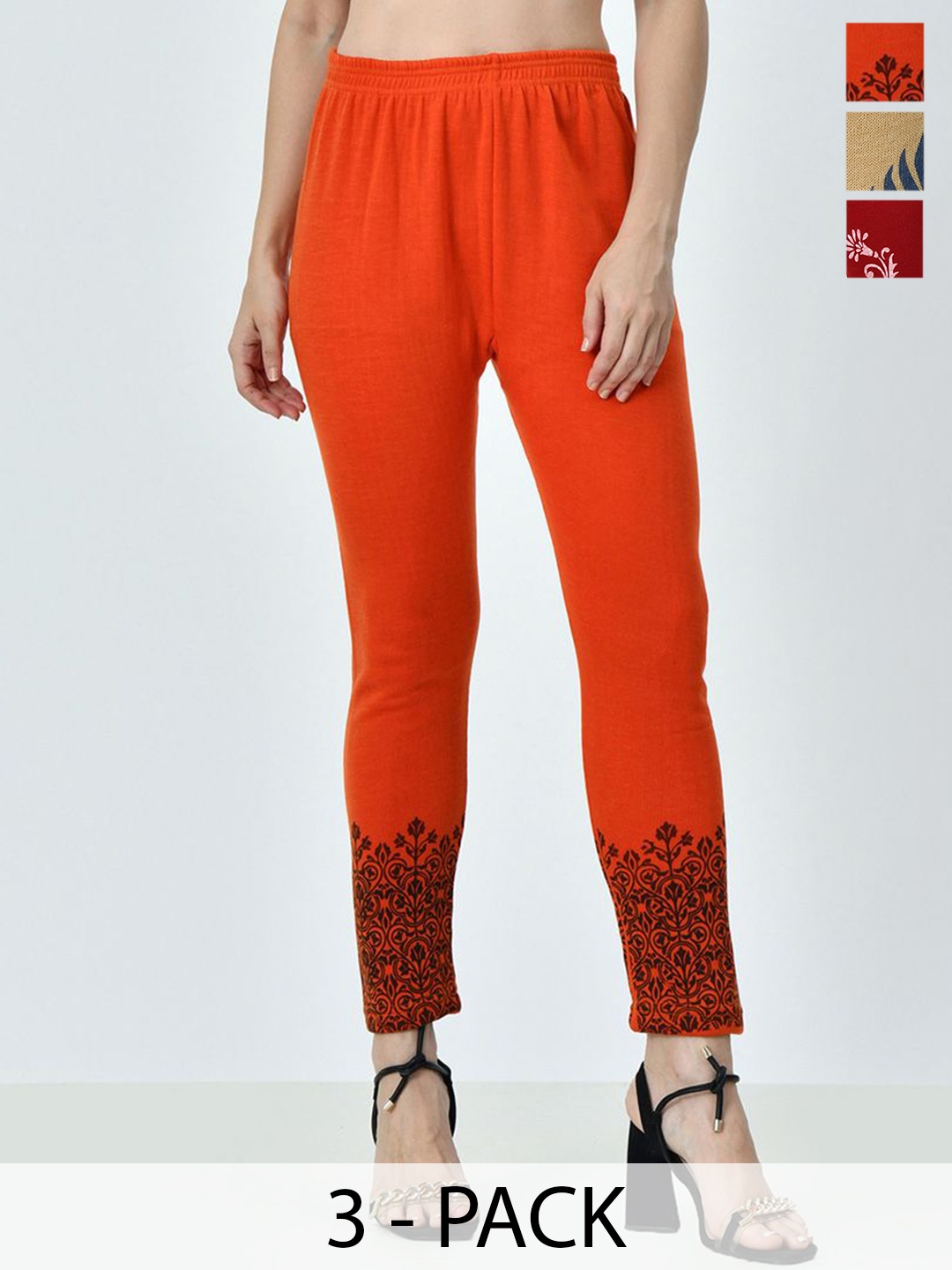 

BAESD Pack Of 3 Wool Printed Ankle-Length Leggings, Red