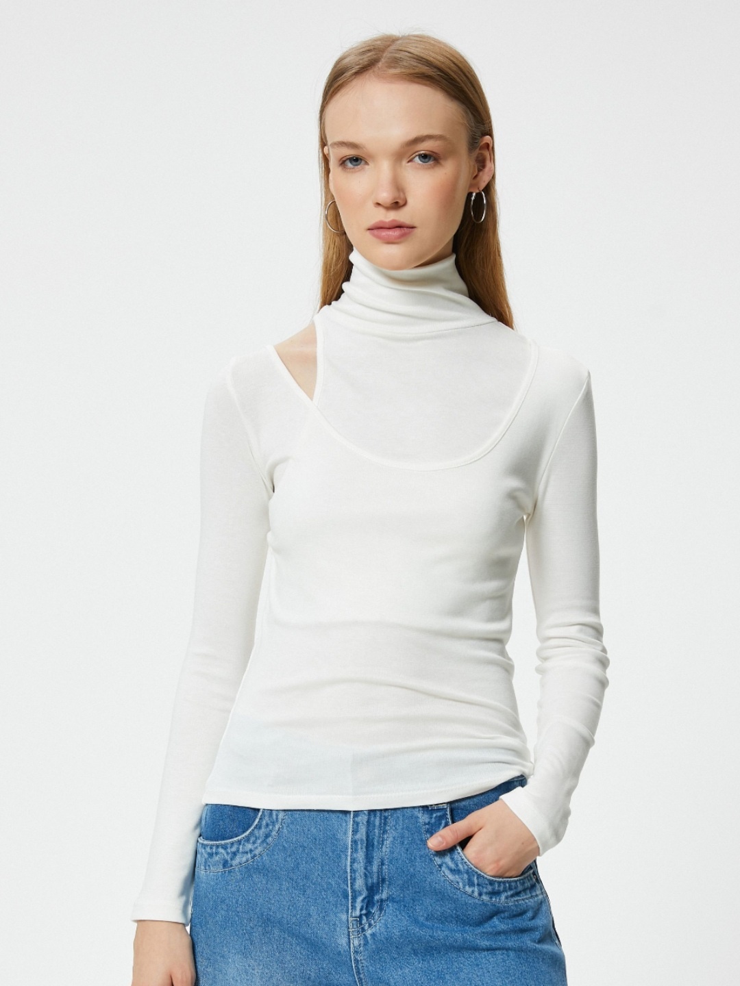 

Koton Women High Neck Pockets T-shirt, Beige