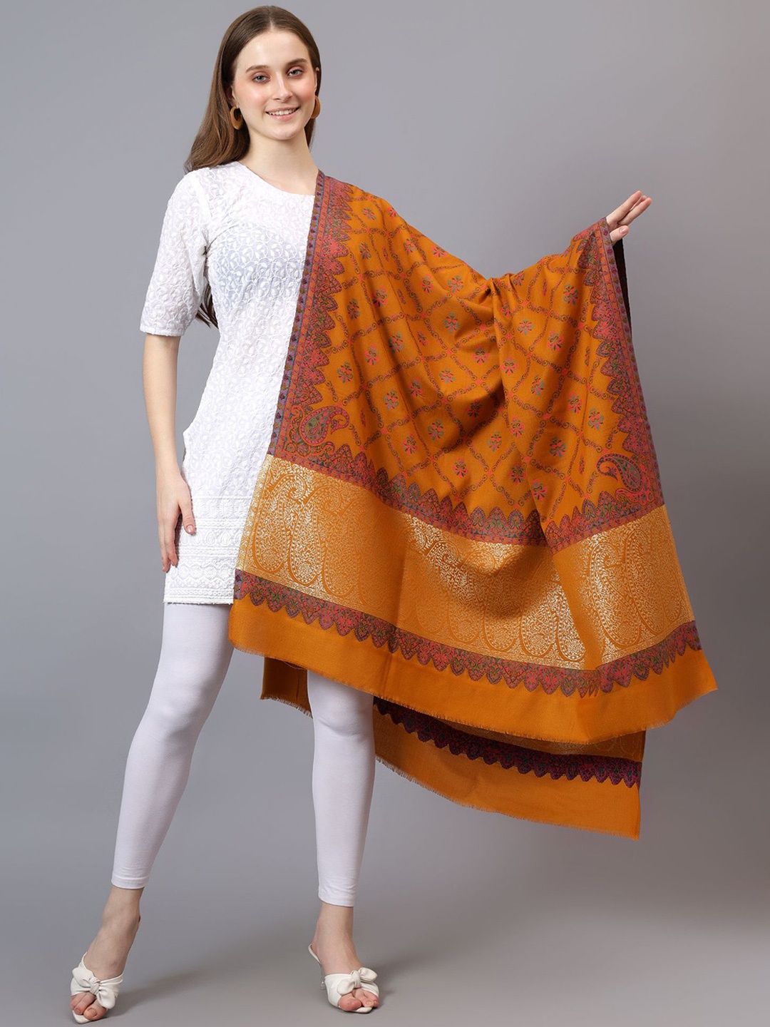 

Mizash Ethnic Motifs Woven Design Zari Pure Woollen Shawl, Mustard