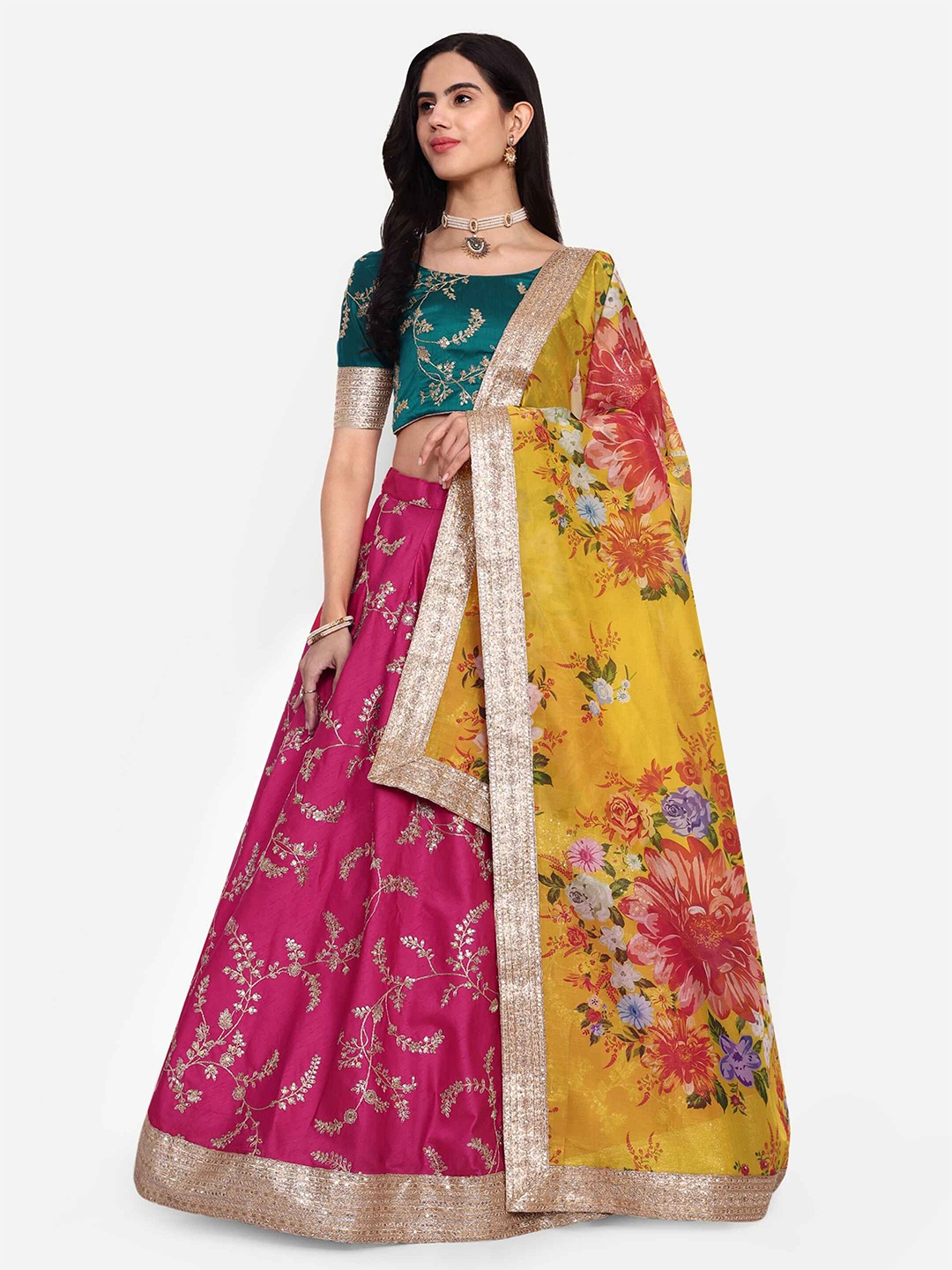 

FABPIXEL Zari Embroidered Semi-Stitched Lehenga & Unstitched Blouse With Dupatta, Pink