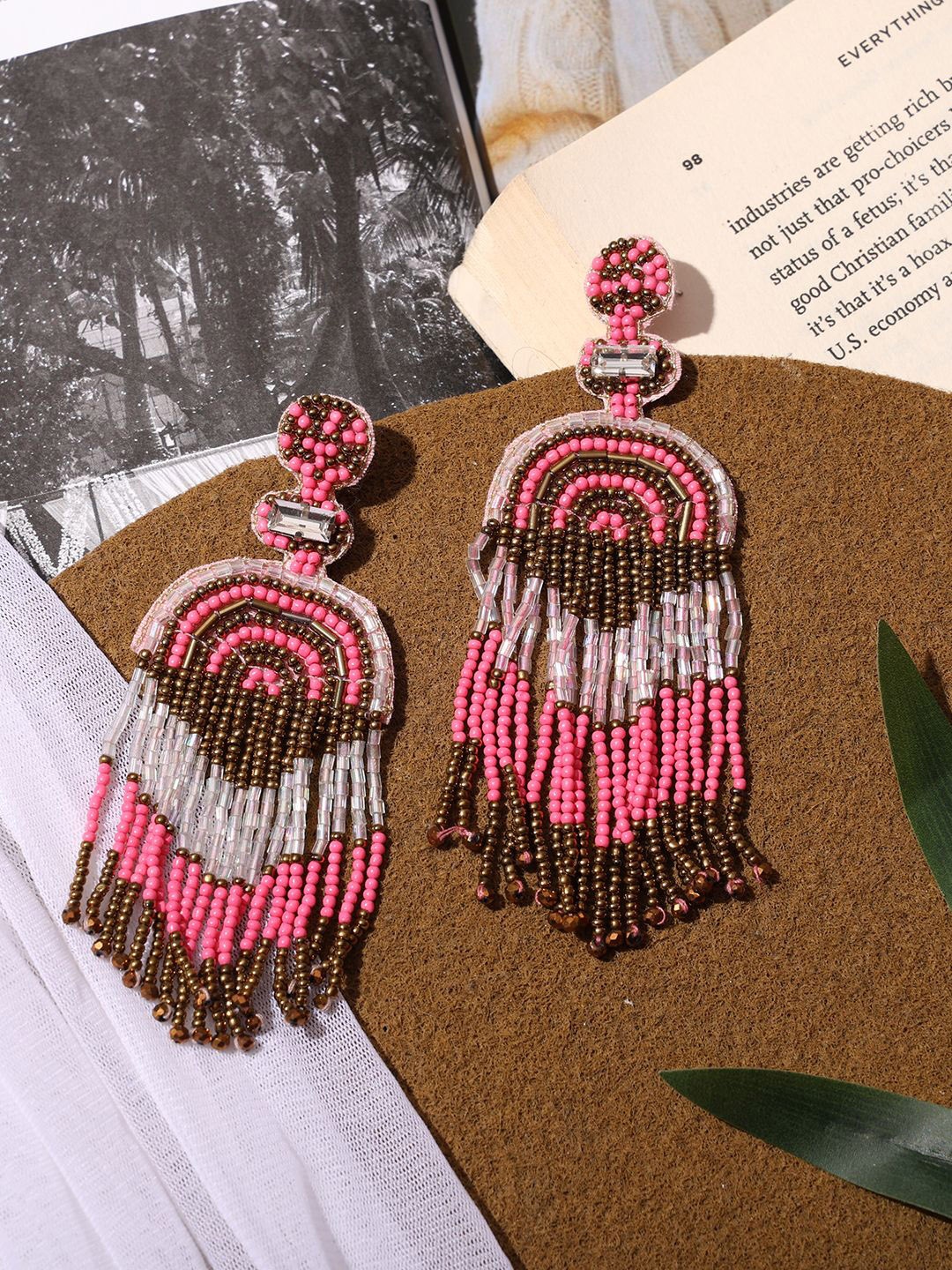 

VENI Contemporary Shaped Beaded Drop Earrings, Pink
