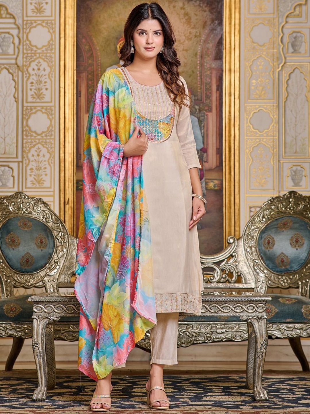 

Yara Creation Simar Striped Embroidered Thread Work Straight Kurta With Trousers & Dupatta, Cream