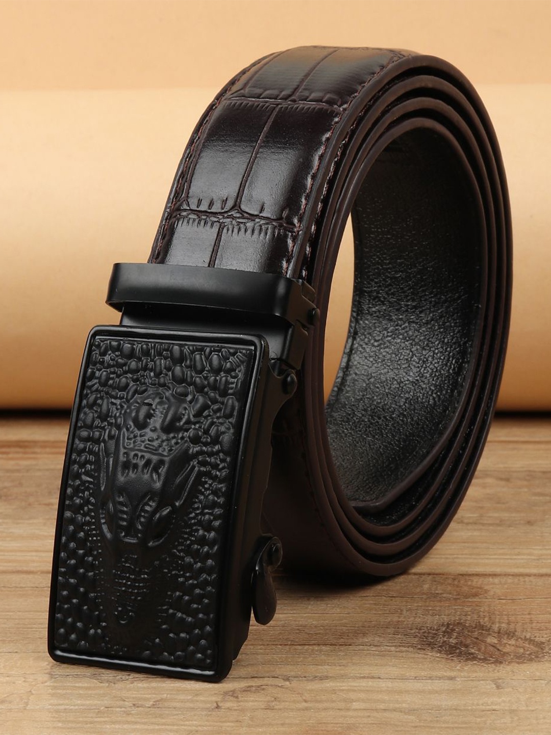 

WINSOME DEAL Men Textured Slider Buckle Formal Belt, Black