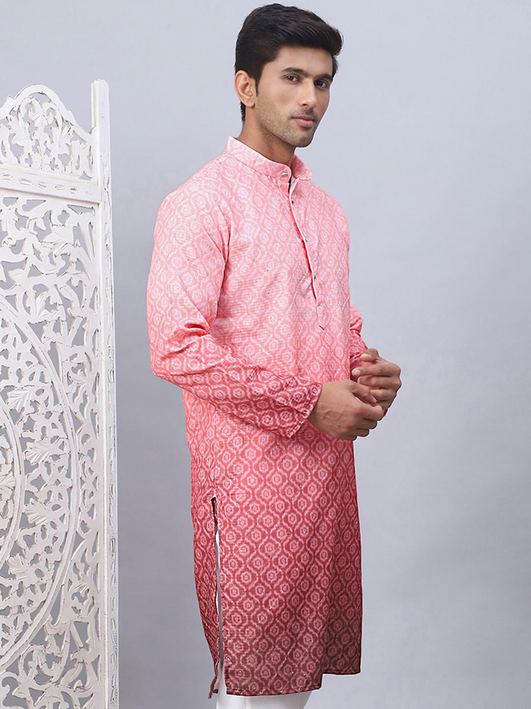 

Jompers Ethnic Motifs Printed Mandarin Collar Straight Kurta, Coral
