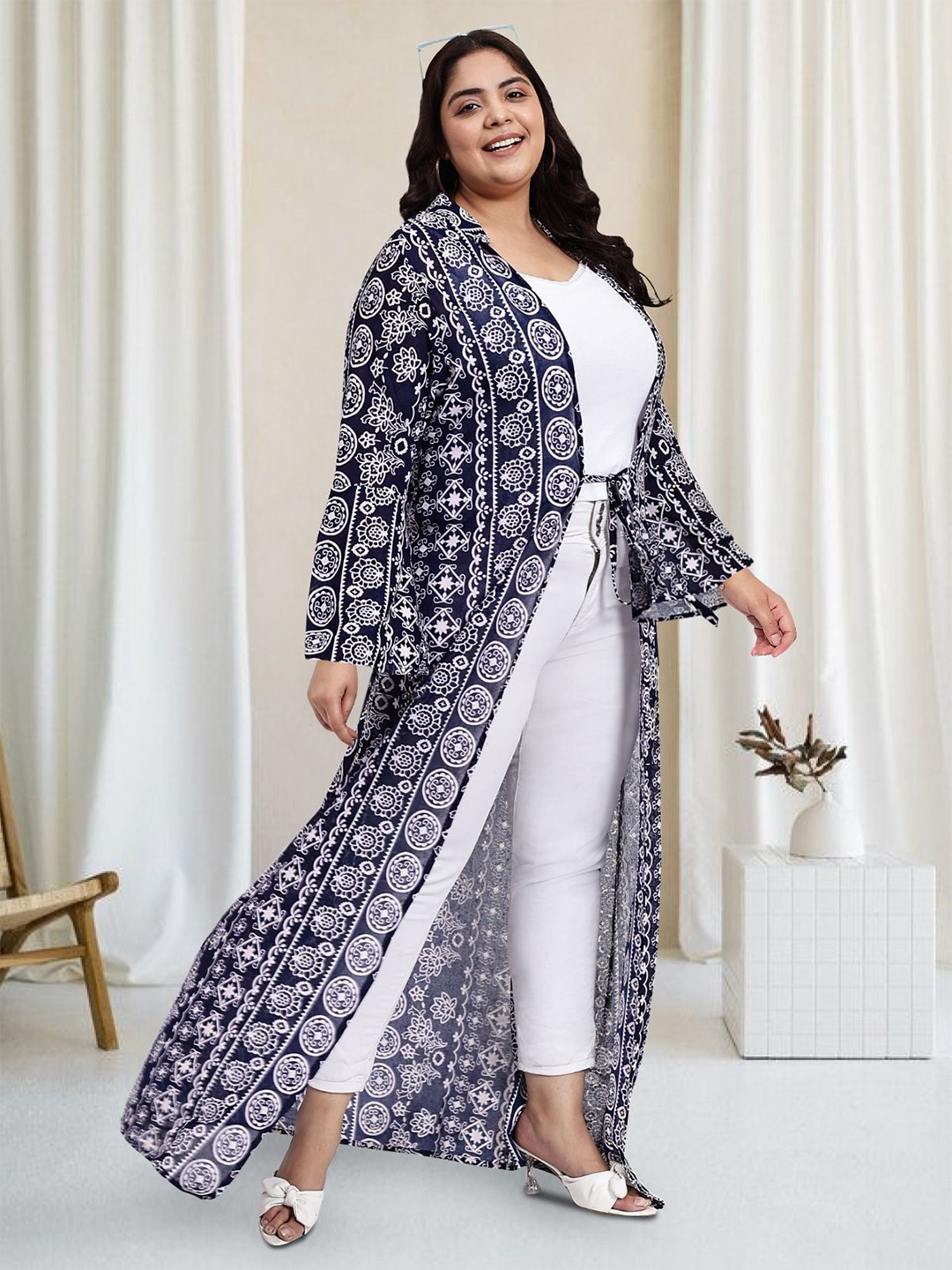 

wild U Plus Size Ethnic Printed Longline Tie-Up Shrug, Blue