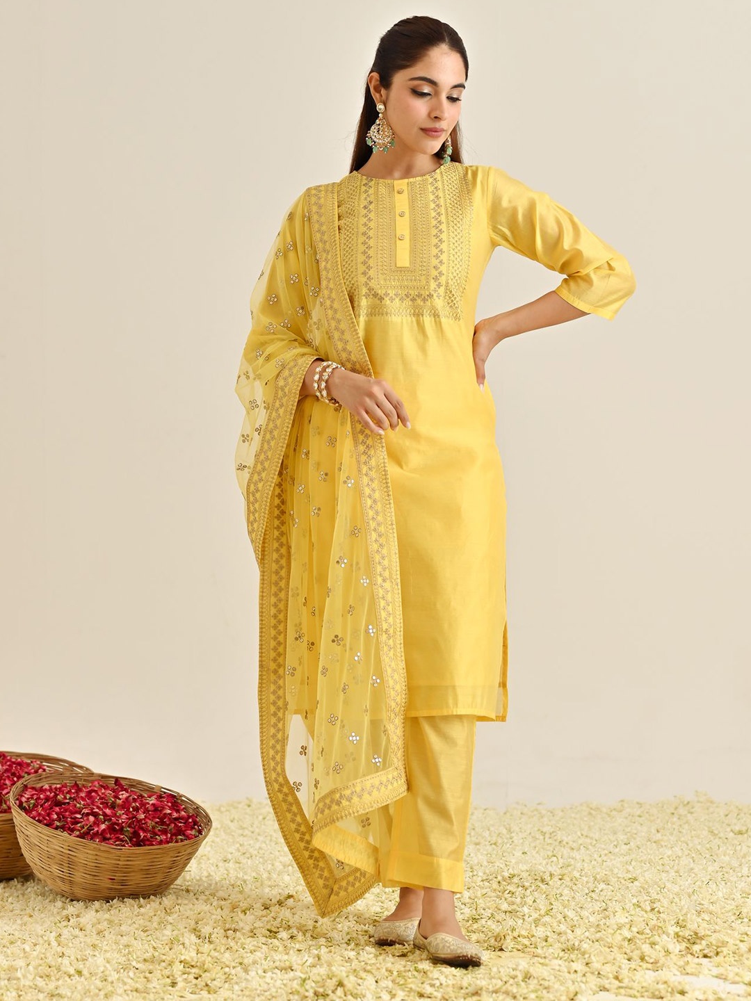 

Rustorange Yoke Design Thread Work Pure Chandari Straight Kurta With Trousers & Dupatta, Yellow