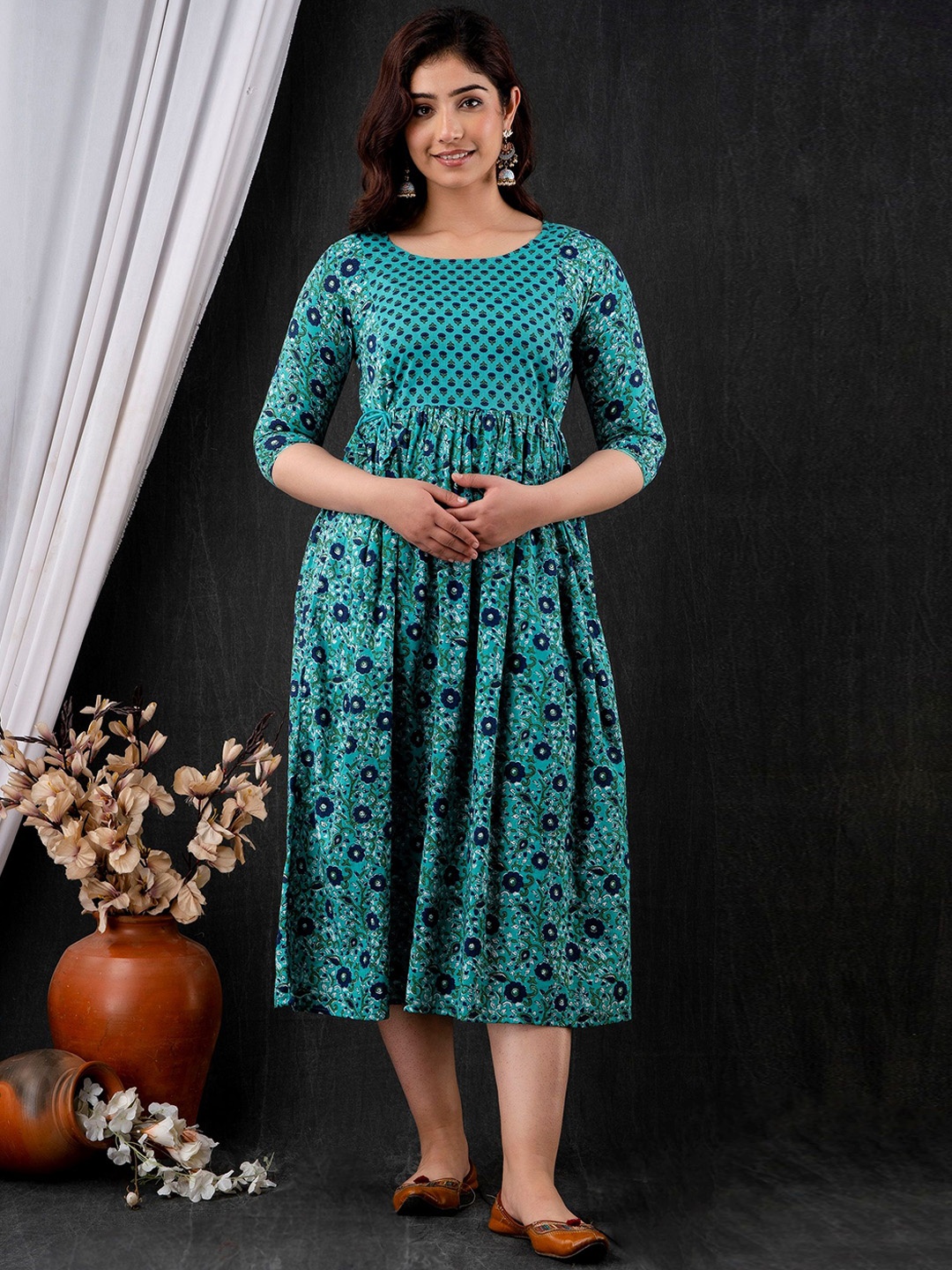 

Mialo fashion Printed Flared Feeding Ethnic Dresses, Turquoise blue