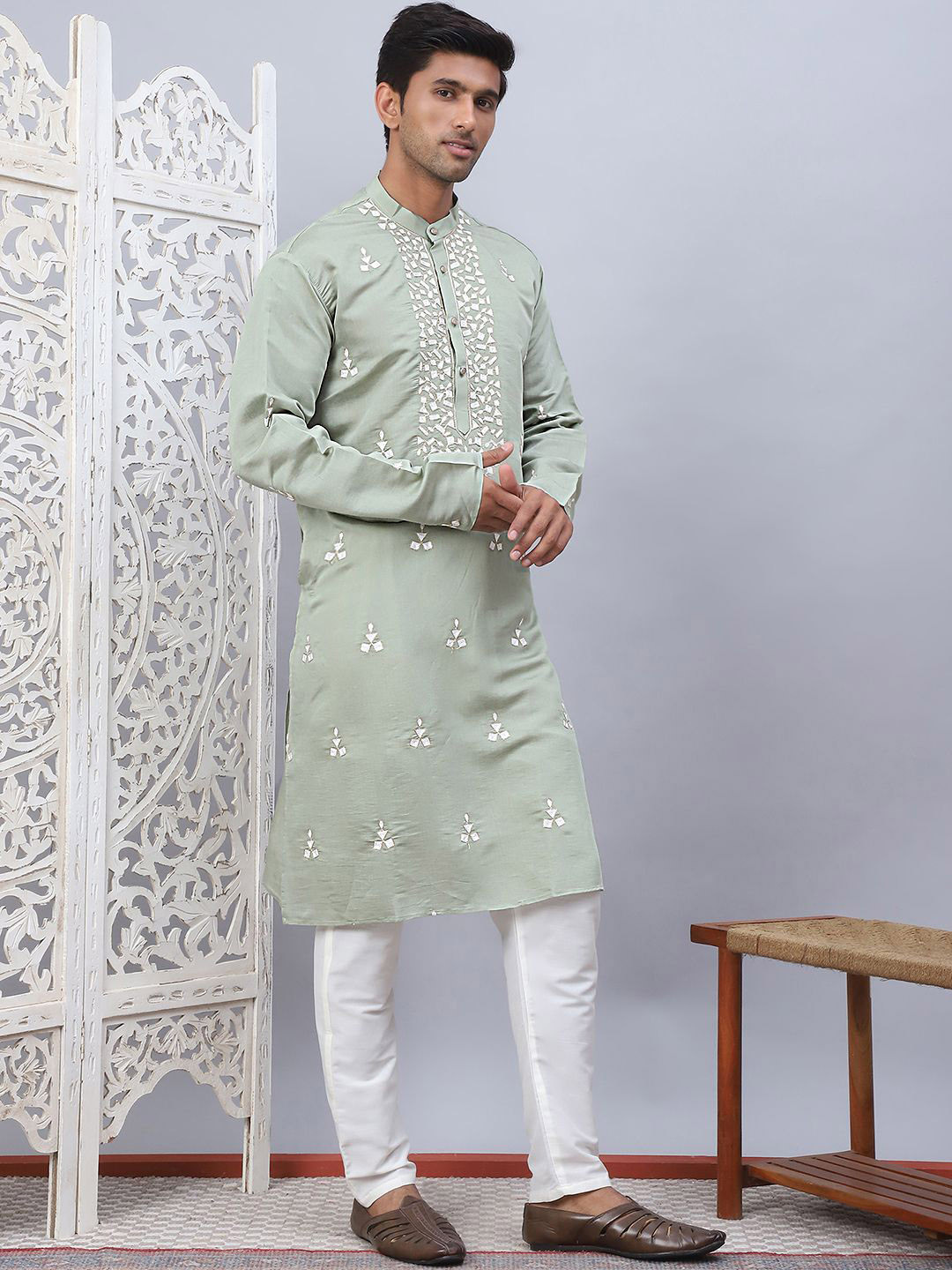 

Anouk Green Geometric Embroidered Thread Work Silk Cotton Straight Kurta with Pyjamas