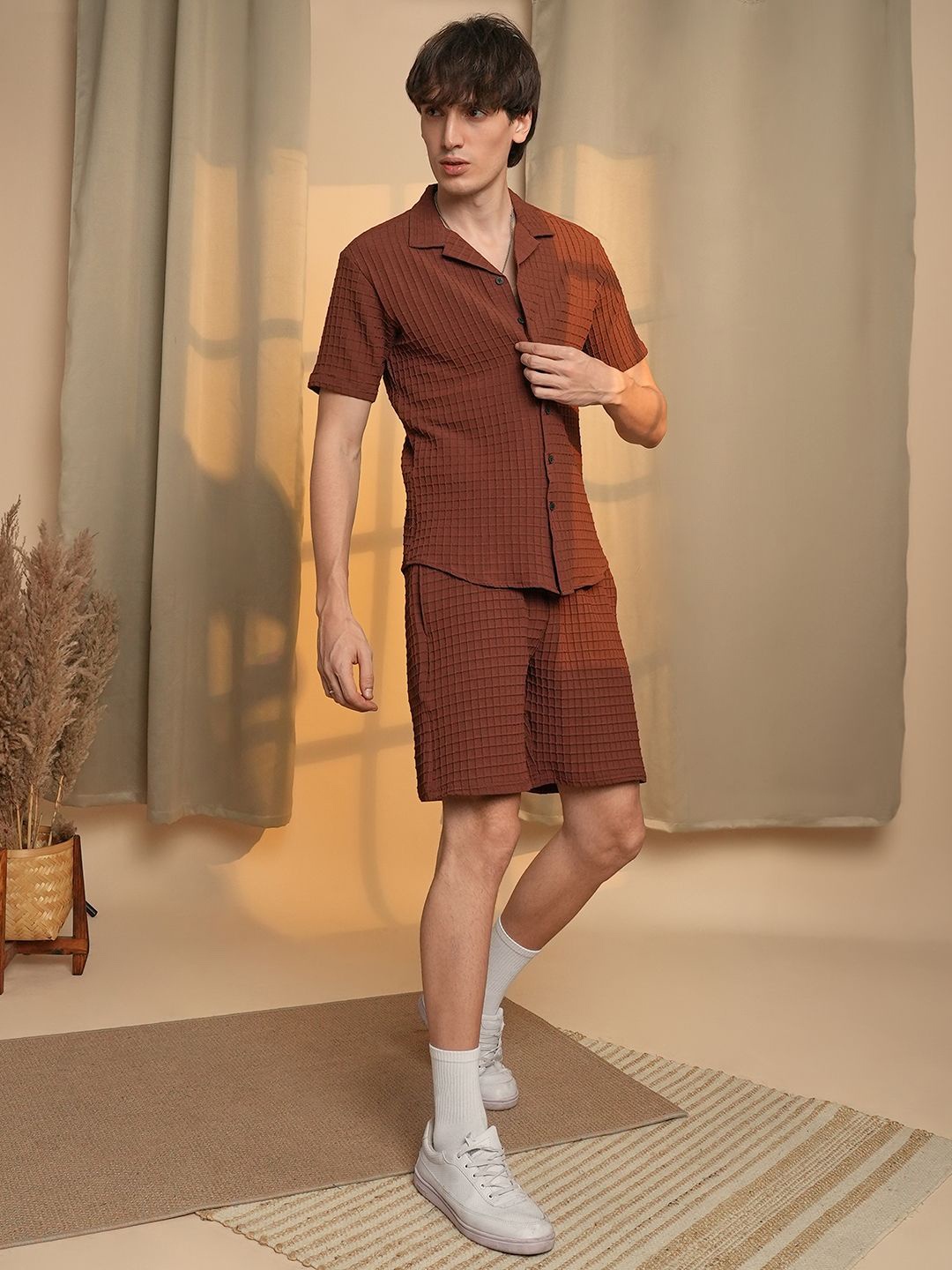 

Campus Sutra Brown Self-Design Cuban Collar Short Sleeves Shirt With Shorts