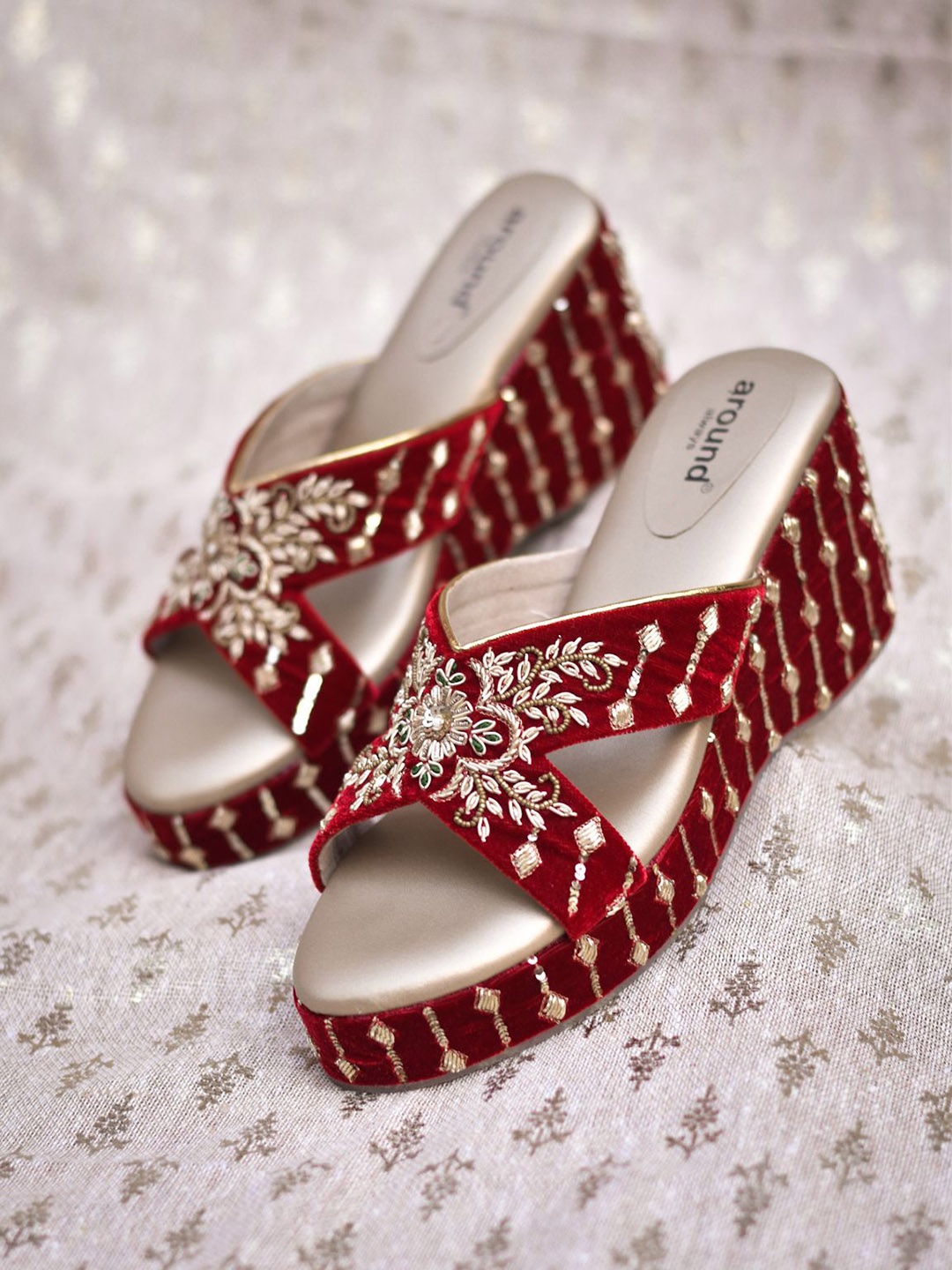 

Around Always Embellished Velvet Ethnic Wedge Sandals, Maroon