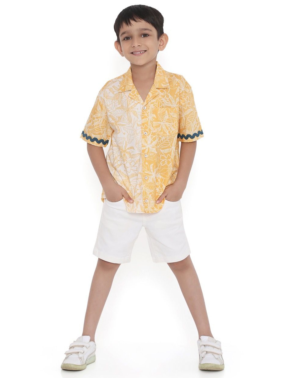 

Miko Lolo Boys Classic Floral Printed Cuban Collar Casual Shirt, Yellow