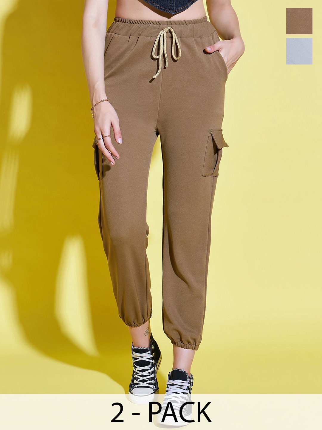 

BUY NEW TREND Women Pack of 2 Relaxed Fit High-Rise Wrinkle Free Joggers, Brown