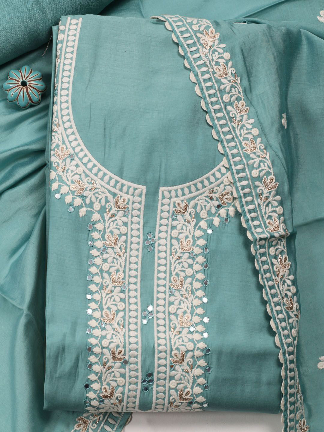 

Meena Bazaar Embroidered Art Silk Unstitched Dress Material, Blue