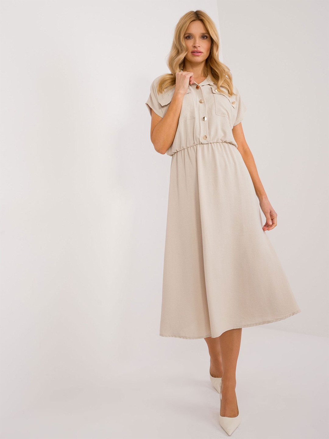 

StyleCast x Revolte Shirt Collar A-Line Midi Dress, Beige