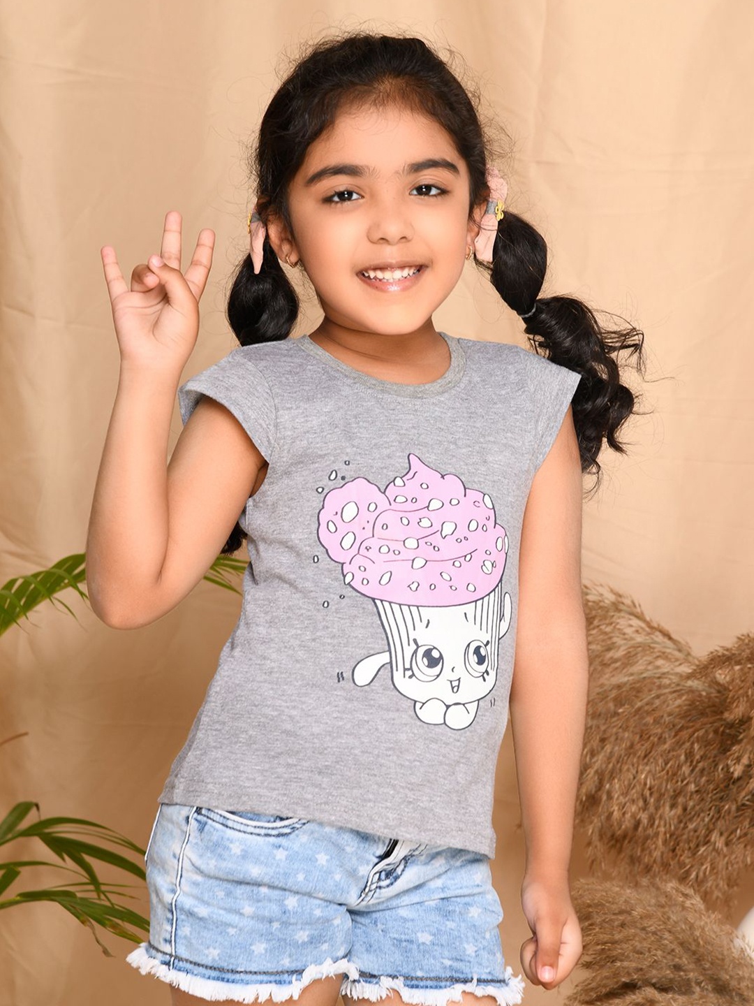 

Kids Cave Girls Graphic Printed Round Neck Cotton T-Shirt, Grey