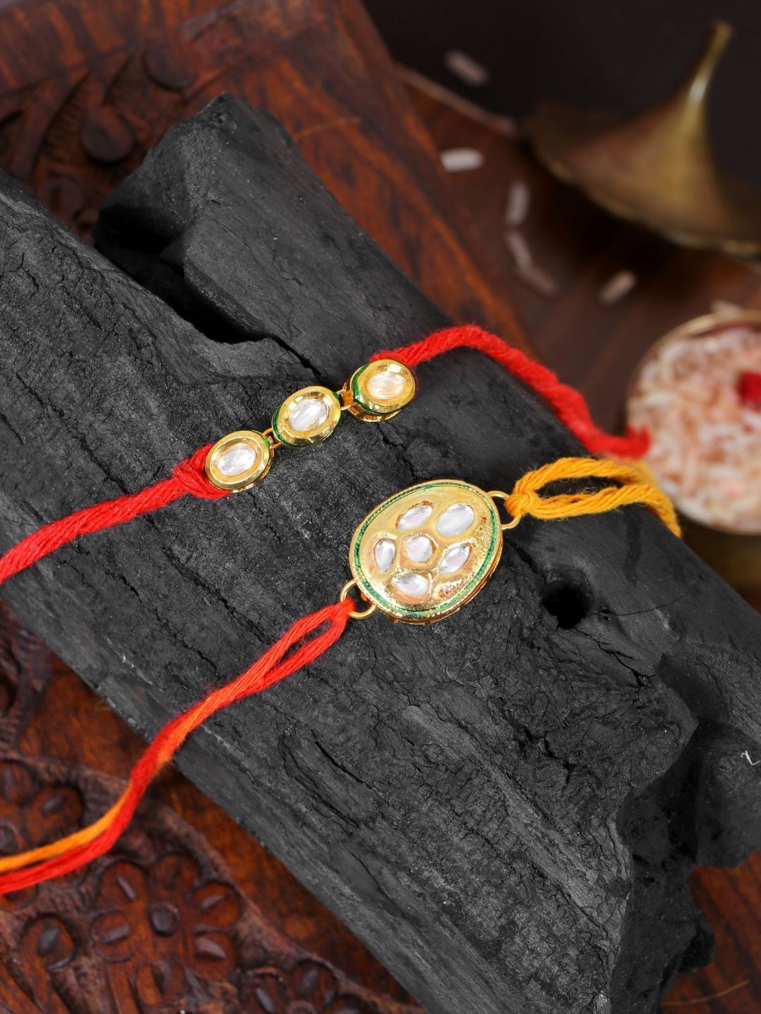 

Crunchy Fashion Set Of 2 Kundan Studded Thread Rakhi, Gold