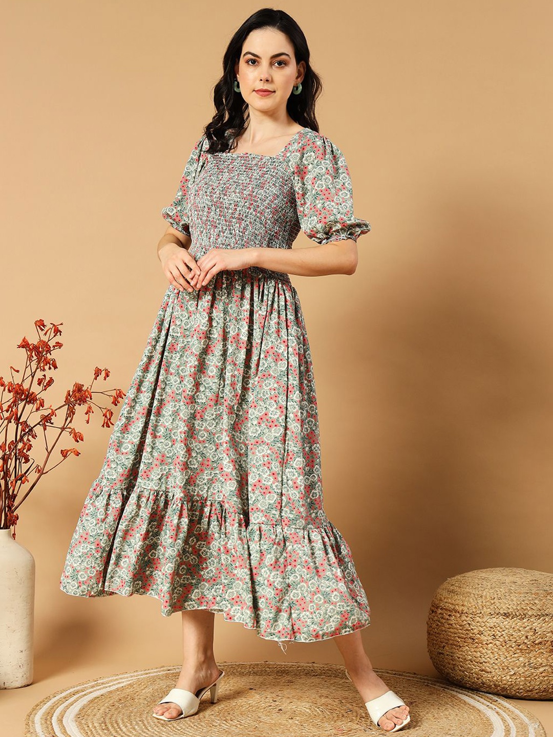 

DEKLOOK Floral Print Crepe A-Line Midi Dress, Green