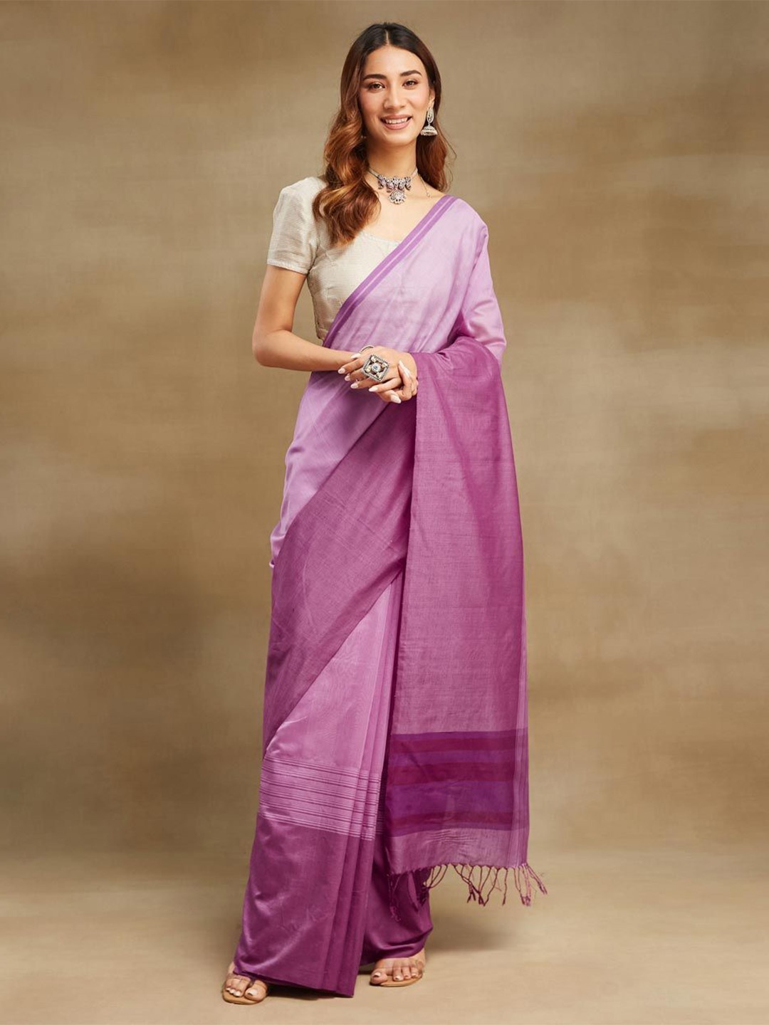 

Fabindia Colourblocked Silk Cotton Saree, Purple