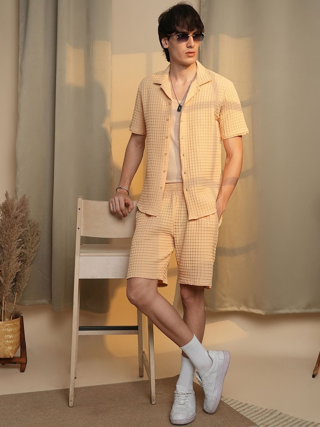 

Campus Sutra Beige Self-Design Cuban Collar Short Sleeves Shirt With Shorts