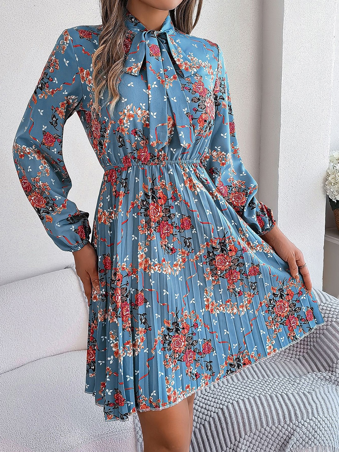 

StyleCast x Revolte Floral Print Tie-Up Neck Fit & Flare Midi Dress, Blue