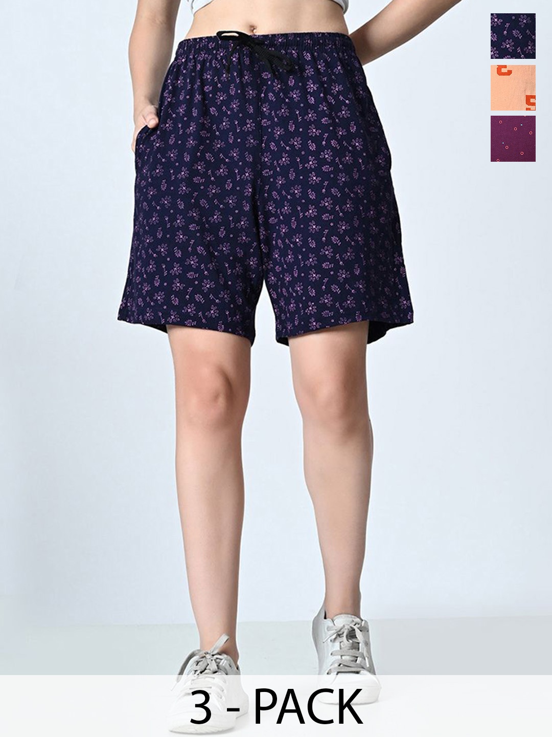 

BAESD Women Pack of 3 Printed High-Rise Shorts, Navy blue