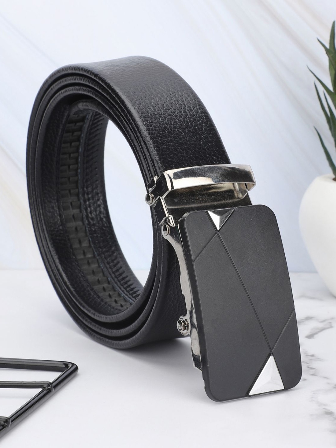 

WINSOME DEAL Men Textured Slider Buckle Formal Belt, Black