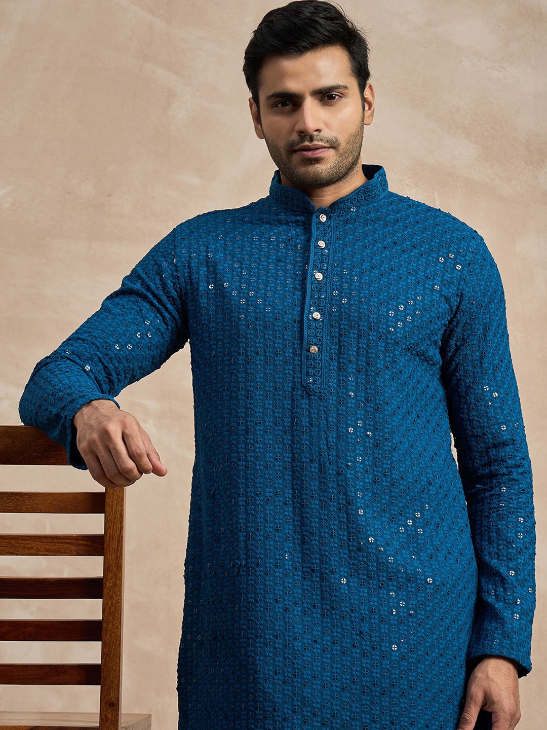 

Anouk Floral Embroidered Band Collar Mirror Work Straight Kurta, Teal