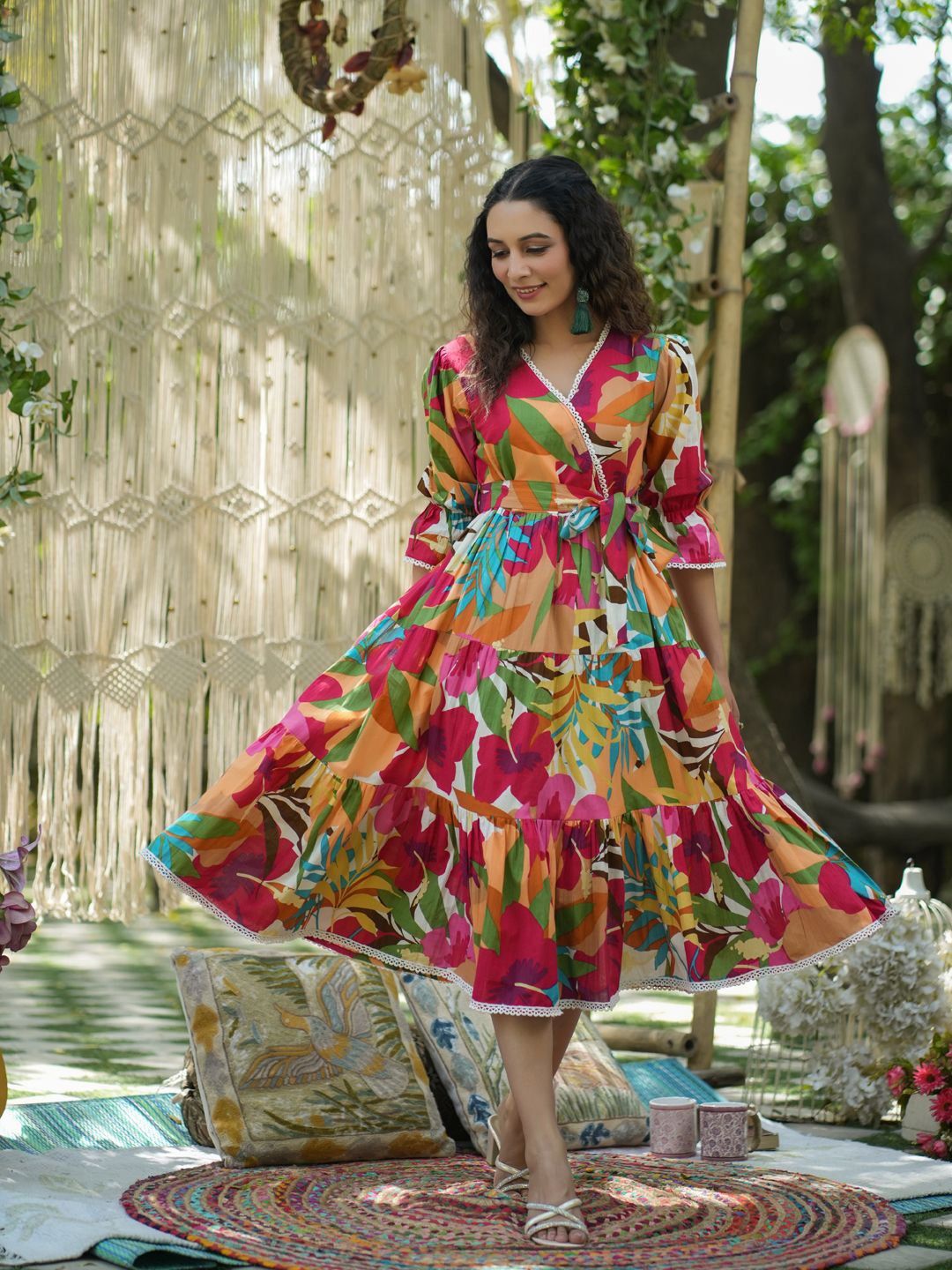 

Rain & Rainbow Pure Cotton Tiered Midi Wrap Dress, Green