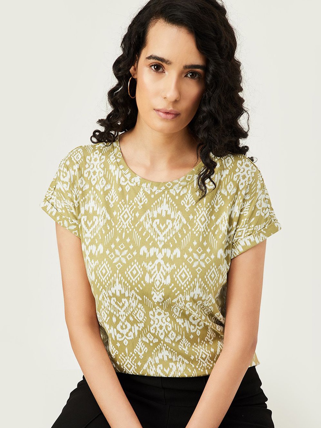 

max Women Abstract Printed Round Neck Cotton T-Shirt, Green